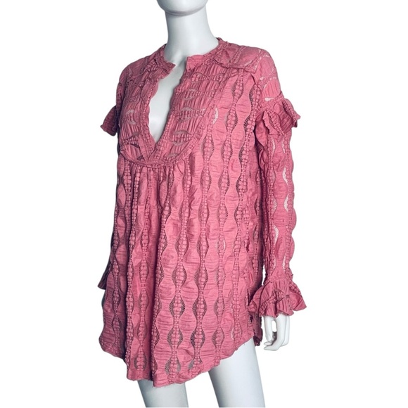 $128 NEW Free People  Candy Shop Lace Texture Tunic V-neckline Ruffle accents S - Picture 5 of 8